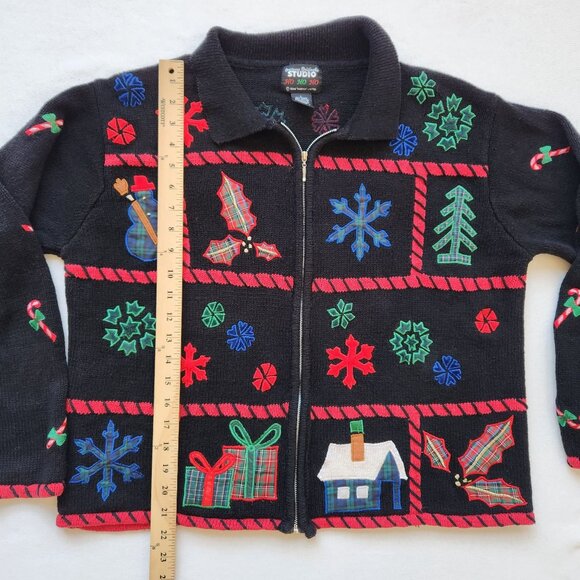 Vintage Ugly Christmas Sweater Cardigan Embroidered Teddy Bears Winter Cute - Picture 9 of 9